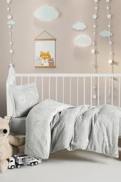 Kanz Jakarlı Müslin Bebek Nevresim Takımı Knz-013 Bear Gri ürün görseli