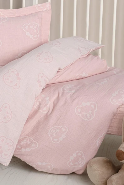 Kanz Jakarlı Müslin Bebek Nevresim Takımı Knz-013 Bear Pembe - Resim 3