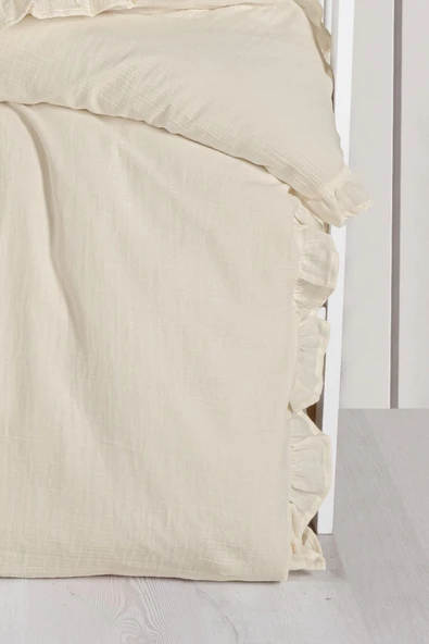 Kanz 2 Kat Fırfırlı Bebek Müslin Nevresim Knz-023 Krem - Resim 3