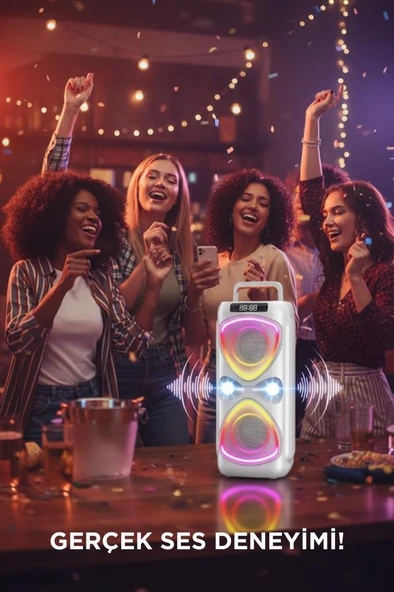 TORIMA D78 Beyaz Kablosuz Bluetooth Hoparlör Mikrofonlu LED Işıklı 8W+8W Parti Speaker - Resim 3
