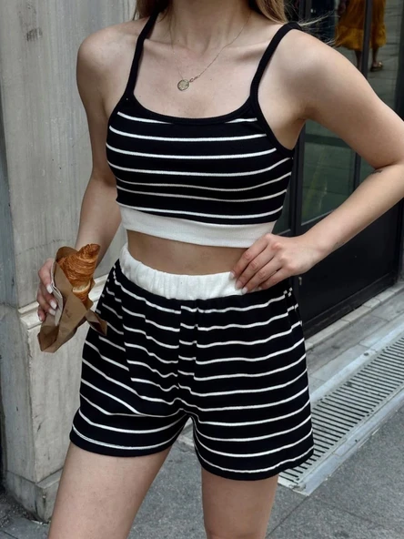 Çizgili şortlu takım siyah s3978 - Resim 2