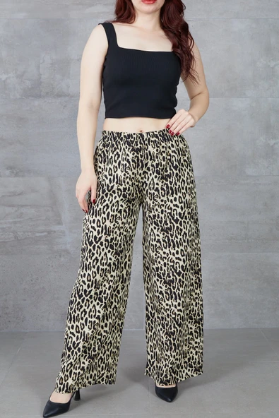 Kadın Leopar Desenli Rahat Kalıp Bol Paça Salaş Pantolon - Resim 2