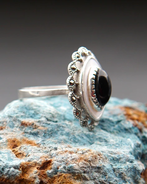 925 Ayar Gümüş Kadın  Oltu Taşı ve Sedef Yüzük sy00081 ürün görseli 1