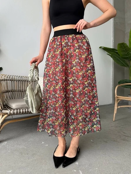 Baskılı astarlı uzun etek - Resim 5