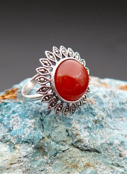 925 Ayar Gümüş Kadın Akik Taşı Yüzük sy00080 - Resim 3