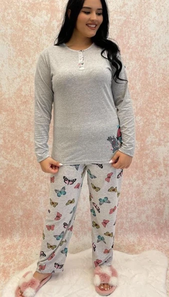 Uzun Kollu Kelebek Desenli Mavi Büyük Beden Kadın Pijama Takımı ürün görseli