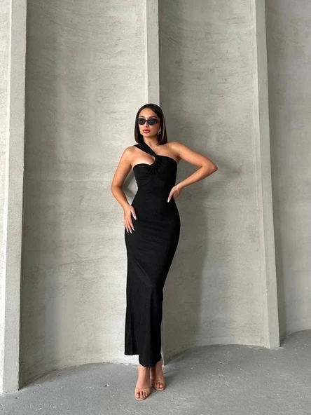 Krinkıl tek omuz uzun elbise siyah s25455 ürün görseli