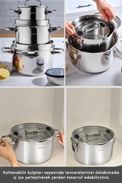 Burgaz 8 Parça Katlanabilir Kulplu ve Süzgeç Kapaklı Çelik Tencere Seti - Resim 6