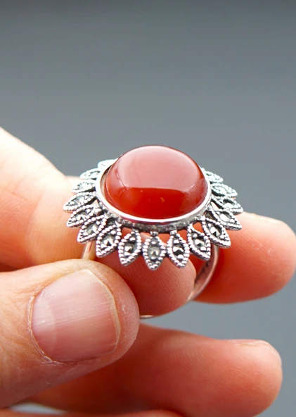 925 Ayar Gümüş Kadın Akik Taşı Yüzük sy00080 ürün görseli 1