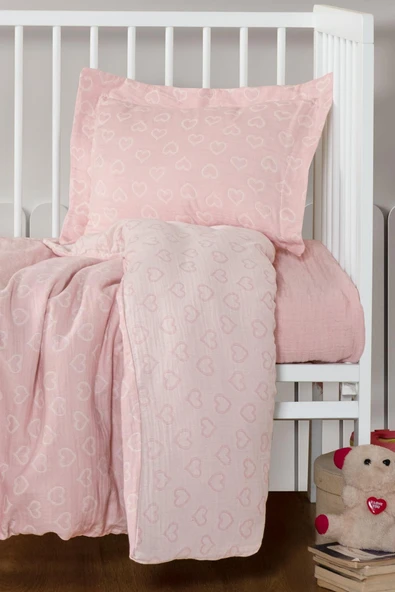Kanz Jakarlı Müslin Bebek Nevresim Takımı Knz-013 Heart Pembe - Resim 3