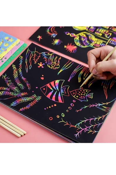 Sihirli Gökkuşağı Kazıma Kağıdı A4 10 Yaprak 1 Paket 20x30 cm Siyah Sihirli Kağıt Rainbow Paper - Resim 3