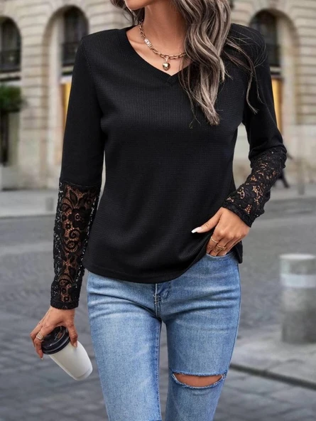 MDB Kadın Uzun Kollu V Yakalı Dantelli Waffle Bluz ürün görseli 1