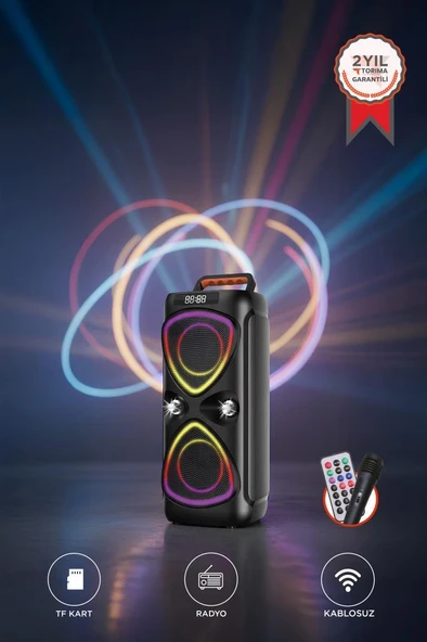 TORIMA D78 Siyah Kablosuz Bluetooth Hoparlör Mikrofonlu LED Işıklı 8W+8W Parti Speaker ürün görseli