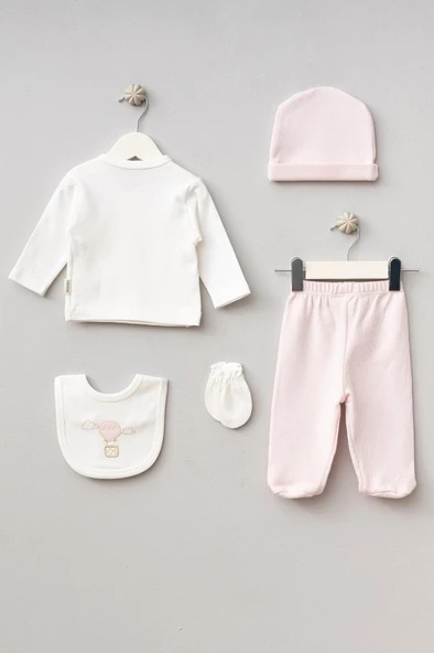 Bebitof %100 Pamuk Balonlu Tavşan Desenli 5 Parça Yenidoğan Hastane Çıkışı Zıbın Seti BBTF.PDR.20119.17 - Resim 4