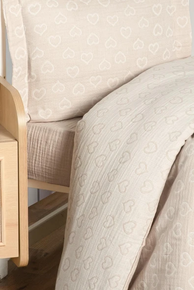 Kanz Jakarlı Müslin Bebek Nevresim Takımı Knz-013 Heart Kahve - Resim 4