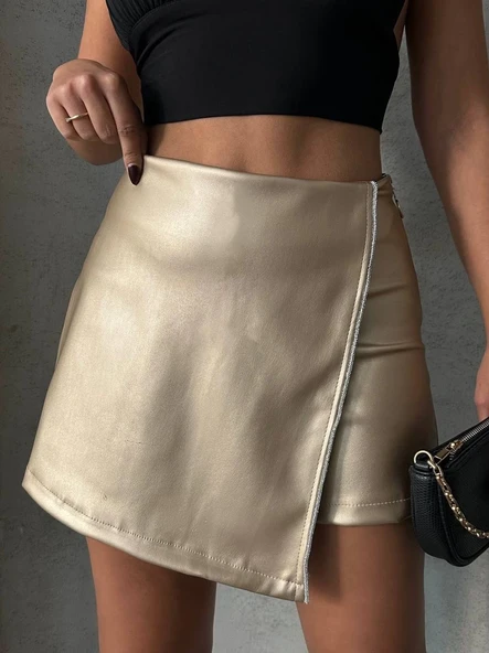 Taşlı şort etek deri gold h240018 ürün görseli