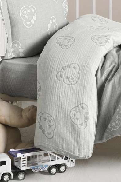 Kanz Jakarlı Müslin Bebek Nevresim Takımı Knz-013 Bear Gri - Resim 4