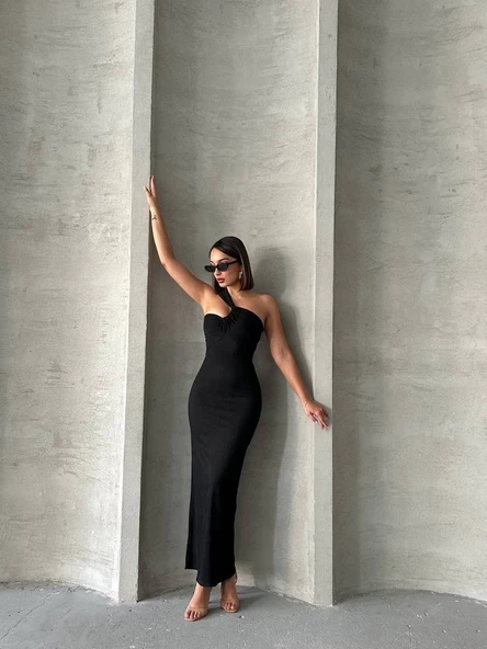 Krinkıl tek omuz uzun elbise siyah s25455 - Resim 6