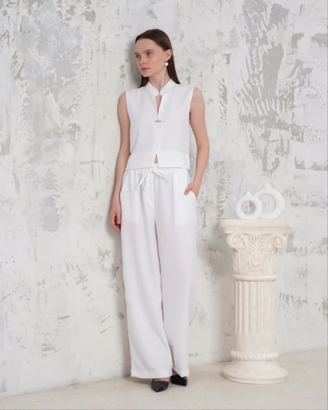 Broşlu yelek pantolon takım beyaz s255821 - Resim 2