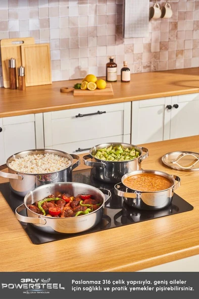 Power Steel 316+ 3Ply Discovery İndüksiyon Tabanlı 8 Parça Çelik Tencere Seti - 3