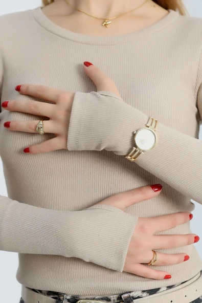 Bisiklet Yaka Parmak Geçmeli Kaşkorse bluz bej - Resim 7