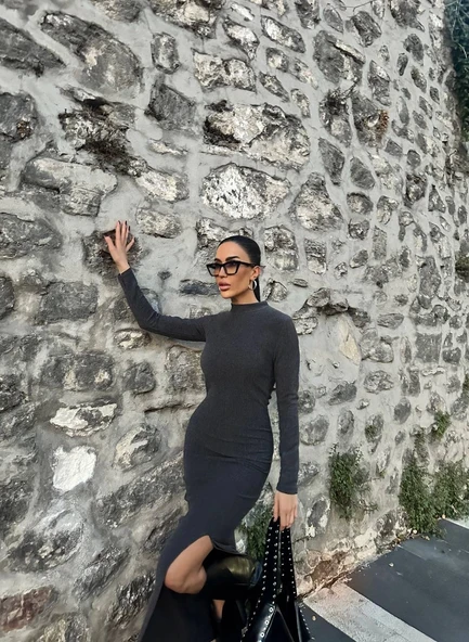 Yırtmaçlı kalın bürümcük uzun elbise siyah - Resim 3