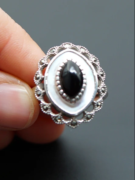 925 Ayar Gümüş Kadın  Oltu Taşı ve Sedef Yüzük sy00081 - Resim 3
