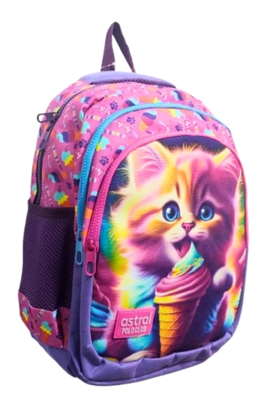 3 bölmeli kalemlikli ve beslenmeli  ilk okul çantası su geçirmez full astarlı kedicik - Resim 2