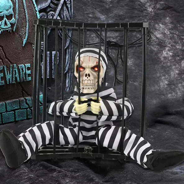 Hareketli Sesli Sensörlü Mahkum Görünümlü Kuru Kafa İskelet Dekorasyon 22x27 cm - Resim 2