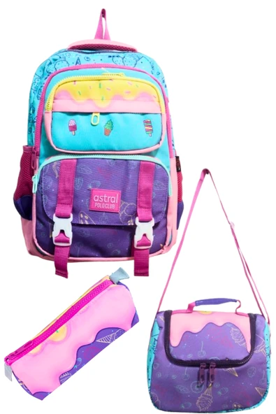 5 bölümlü full astarlı ilkokul çantası+ termoslu beslenme + kalemlik 3 lü set dondurma ürün görseli 1