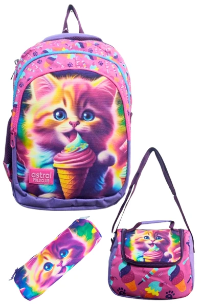 3 bölmeli kalemlikli ve beslenmeli  ilk okul çantası su geçirmez full astarlı kedicik ürün görseli 1