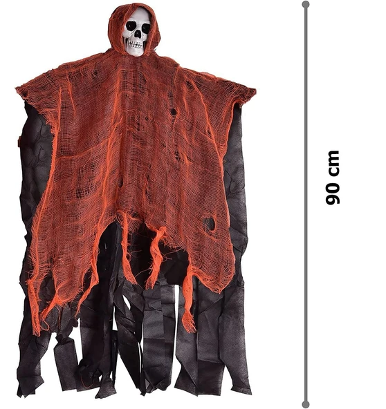 Led Işıklı Kahkaha Atan Sesli Sensörlü Ürpertici Kuru Kafa Korku Hayalet Saçaklı Dekor 90x50 cm ürün görseli