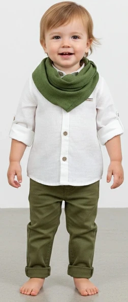 9-12-18-24 Ay Ve 3-4-5 Yaş Fularlı Pamuk Keten Gömlekli Pantolonlu 3lü Erkek Bebek Takımı Yeşil ürün görseli