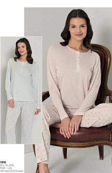 Pijadore Kadın Viskon Uzun Kollu Pijama Takımı 1916 - Resim 3
