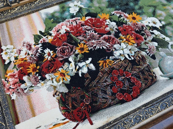 Bahar Çiçekleri Adlı İran Tebriz Halı Tablo 95x75cm - Duvar Halı Kilim Tablo - Resim 5