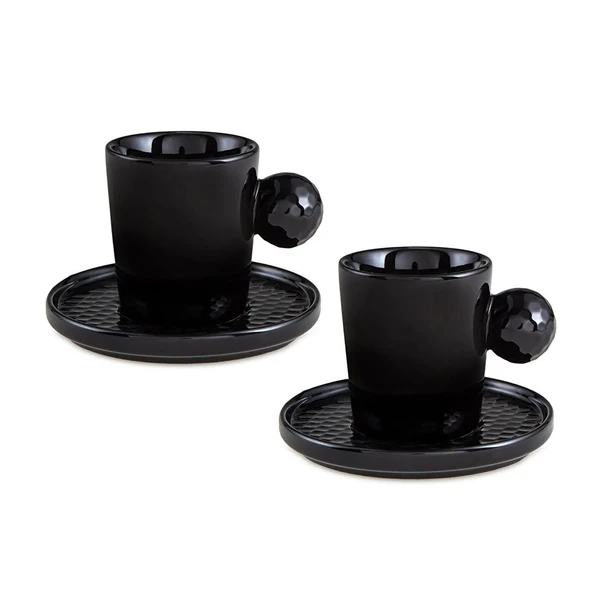 Jumbo Golf Line Siyah 2'li Tabaklı Kahve Fincan Takımı 90 ml ürün görseli 1