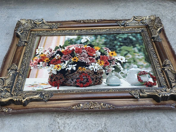 Bahar Çiçekleri Adlı İran Tebriz Halı Tablo 95x75cm - Duvar Halı Kilim Tablo - Resim 8