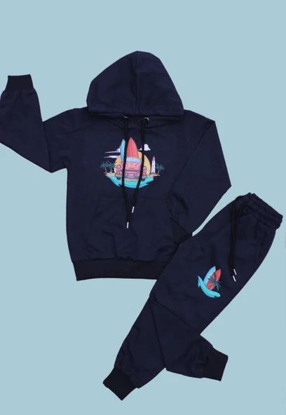 FYK KİDS Kapüşonlu Kanguru Cepli Baskı Detaylı Erkek Çocuk Eşofman Takımı 2 İplik ürün görseli 1