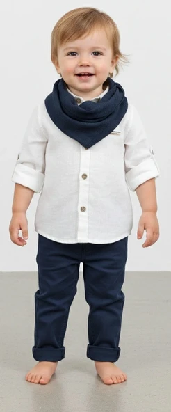 9-12-18-24 Ay Ve 3-4-5 Yaş Fularlı Pamuk Keten Gömlekli Pantolonlu 3lü Erkek Bebek Takımı Lacivert ürün görseli