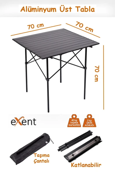 Exent Katlanır Kamp Masası, Suya Yağmura Dayanıklı Piknik Masası, Taşıma Çantalı - 70 cm ürün görseli
