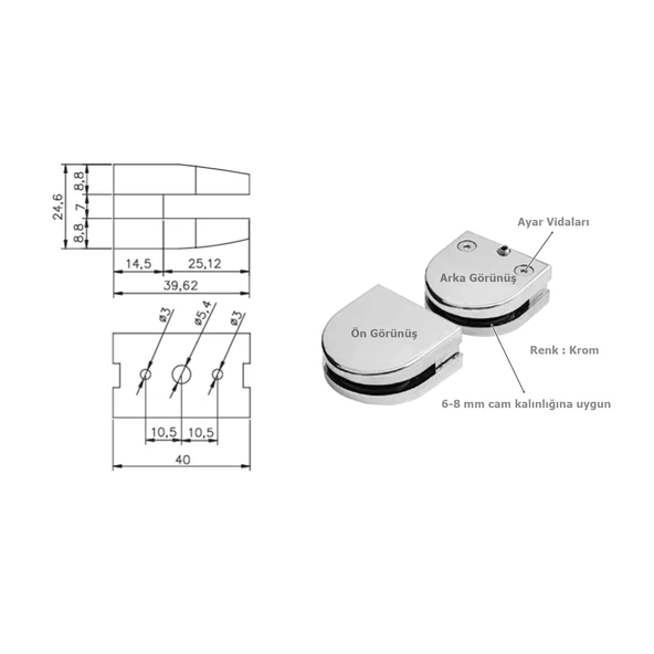 Osena Cam Tutucu Metal Krom 6-8 mm Ayarlı 1 Takım - Resim 2