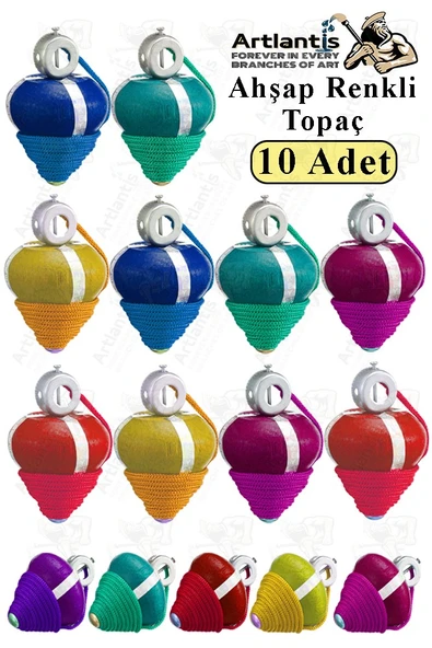 Ahşap Topaç 10 Adet Renkli Kaliteli Ahşap Topaç İpli Dönene Zilli Ağaç Topaç Nostaljik Oyuncak Geleneksel Okul Öncesi