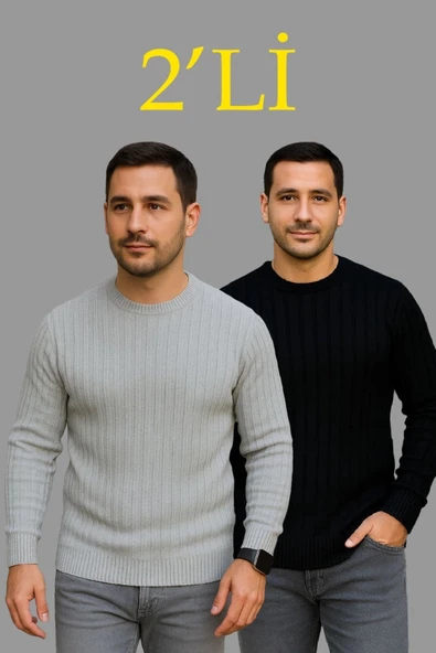 MDB Erkek Fitilli Triko Kazak 2’li et – iyah  Gri, Kalın Dokuma Pamuklu Regular Fit Bisiklet Yaka Uzun Kollu Rahat Kışlı ürün görseli 1