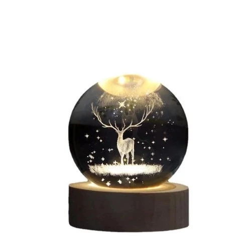 MDB Dekoratif Geyik Tasarımlı Ahşap altlıklı Işıklı Cam Küre Büyük Boy Cam:8cm Ahşap:2cm ürün görseli 1