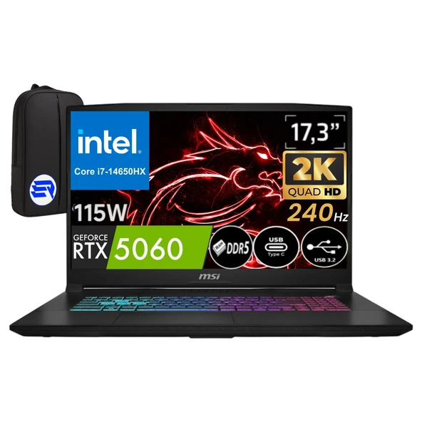 Msi Katana 17 Hx B14WFK-248XTREP7 I7-14650HX 64GB 512GB SSD RTX5060 115WATT 17.3'' 2k Qhd 240Hz WIN11 Pro + Elektropasaj Çanta ürün görseli 1