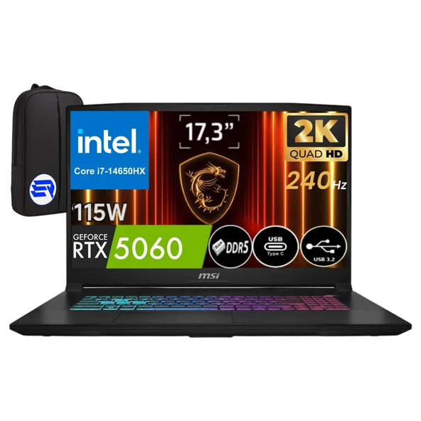 Msi Katana 17 Hx B14WFK-252XTREP4 Intel Core I7-14650HX 48GB 512GB SSD RTX5060 115W 17.3" WIN11 Pro 240Hz Qhd + Elektropasaj Çanta ürün görseli 1