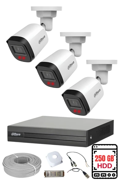 DAHUA 3 Kameralı Gece Görüşlü Su Geçirmez FULL HD Güvenlik Kamerası Seti 250GB ürün görseli