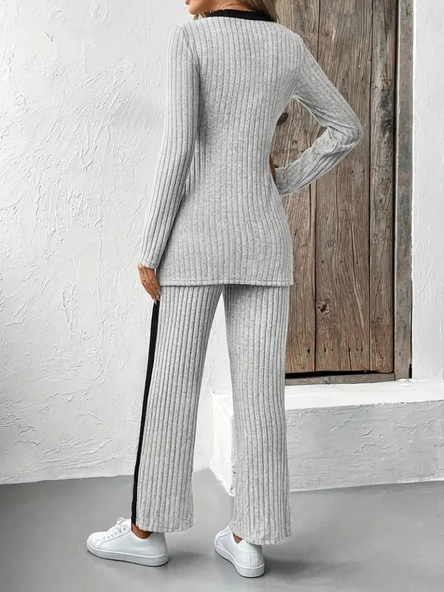 Lucky Life Kadın Uzun Kollu V Yakalı çapraz Detaylı şardonlu Kaşkorse Bluz Ve Pantolon Ikili Takım ürün görseli 1