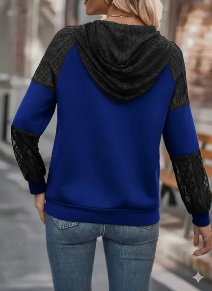 Lucky Life Kadın Uzun Kollu Dantelli Kapşonlu Viskon Iki Iplik Bluz - Resim 3