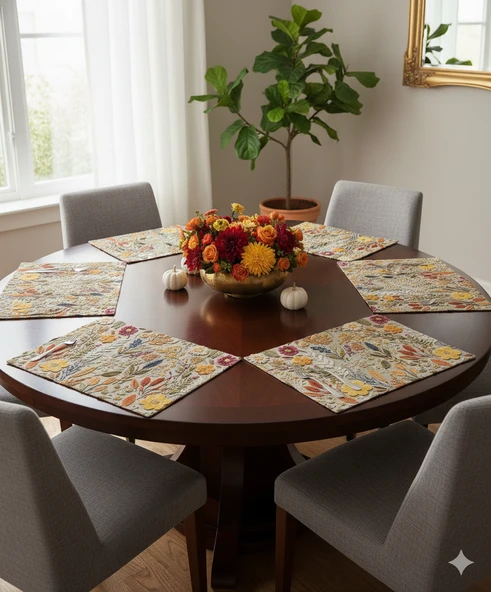 Sonbahar Çiçekleri Desenli Dijital Baskılı 6'lı Amerikan Servisi 30 cm x 45 cm - Resim 3